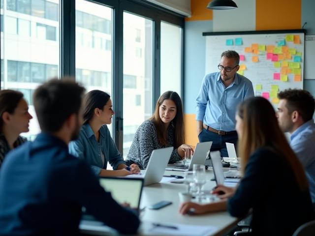 Equipo corporativo colaborando en capacitación Agile