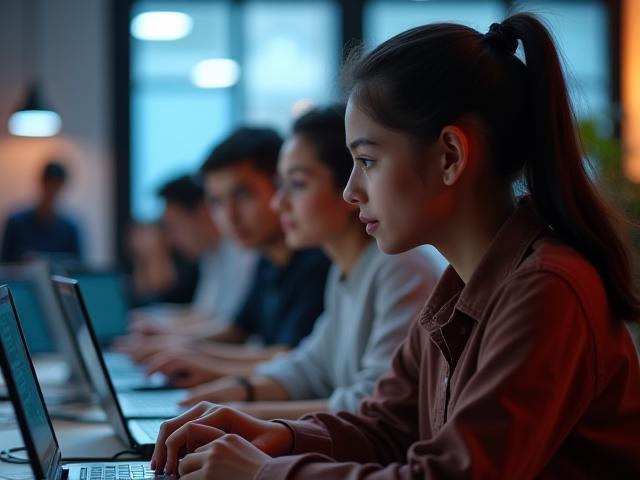 Estudiantes programando en equipo en un bootcamp de tecnología